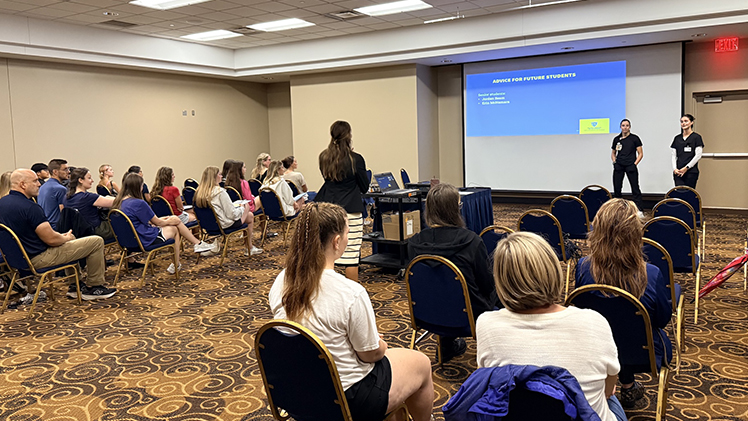 Prospective students hear from current students, Jordan Beam and Erin McNamara, in the UToledo Radiation Therapy Program.
