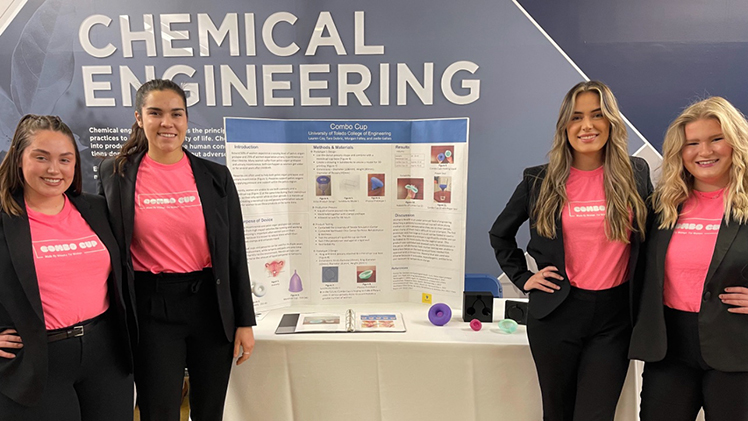Left to right, Lauren Coy, Joelle Gallais, Morgan Folley and Tara Dobric present their senior capstone bioengineering project that went on to earn a U.S, patent this summer.
