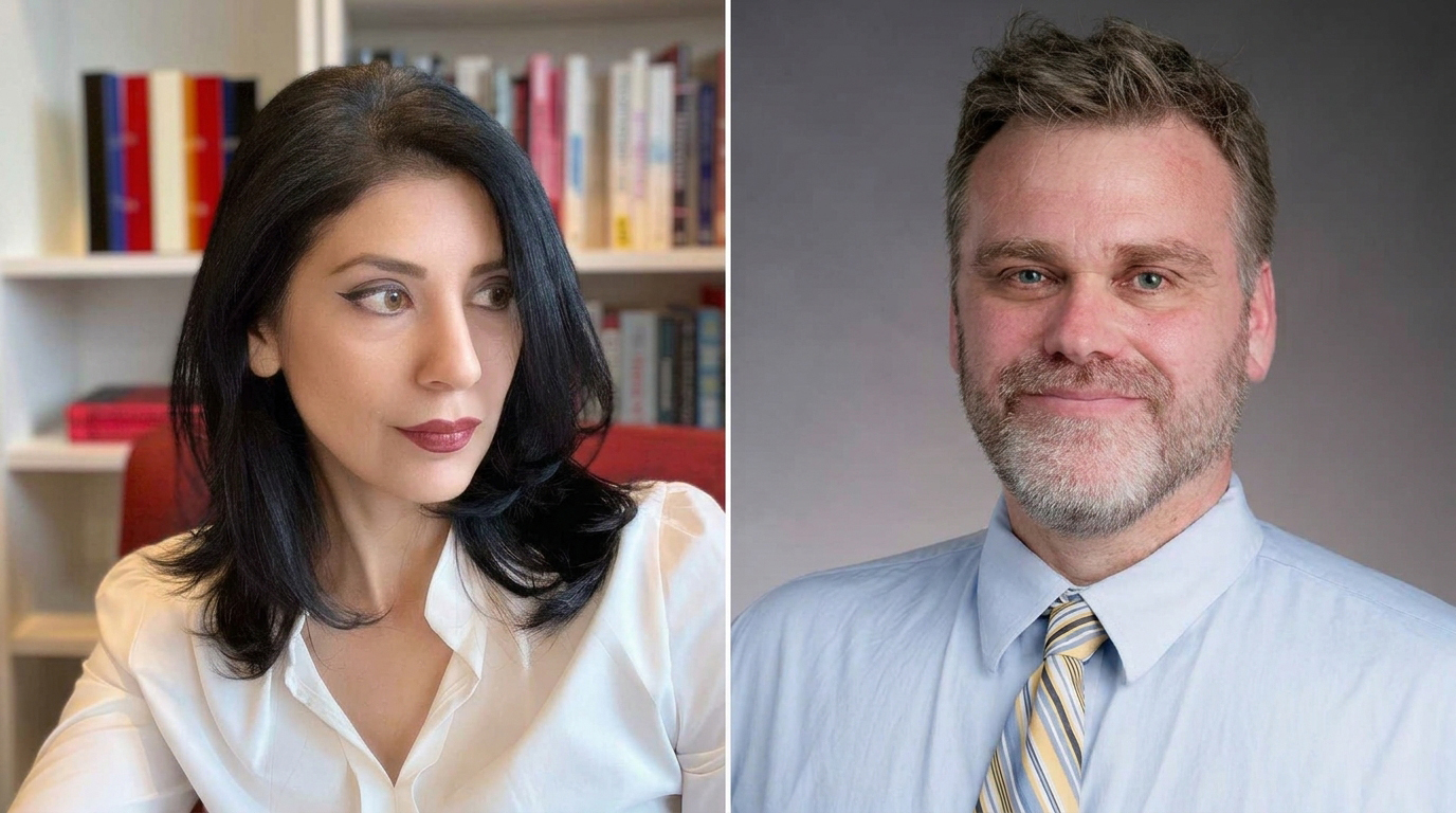 Headshots of Dr. Mary Anne Franks, left, the Eugene L. and Barbara A. Bernard Professor in Intellectual Property, Technology and Civil Rights Law at George Washington University Law School; and Nathan Goetting, right, prestige faculty in the UToledo College of Law and a faculty fellow at UToledo's Institute of American Constitutional Thought and Leadership.